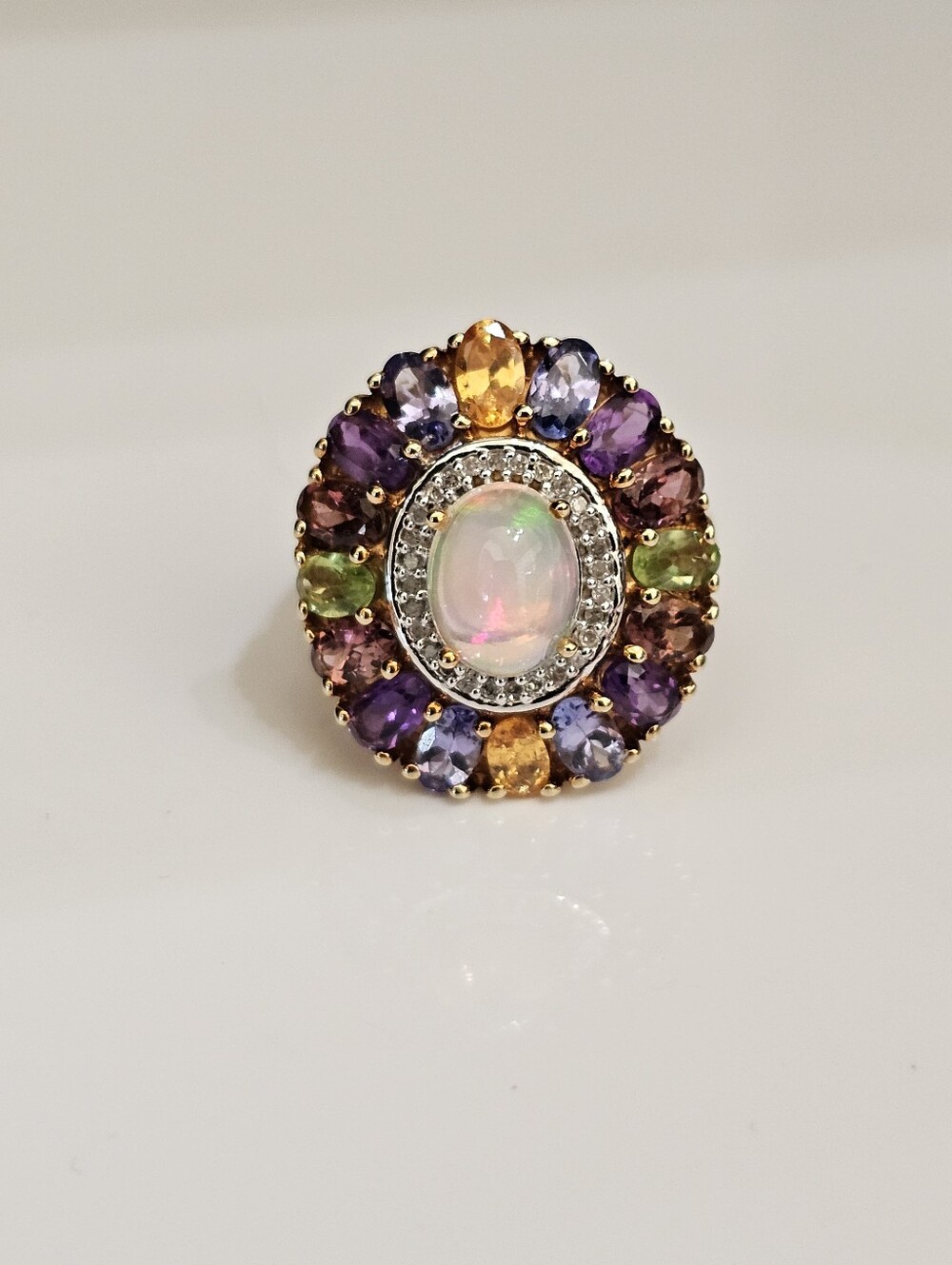 Genuine Opal & Multiple Gemstone Ring 18k Yellow Gold Vermeil Size 7!